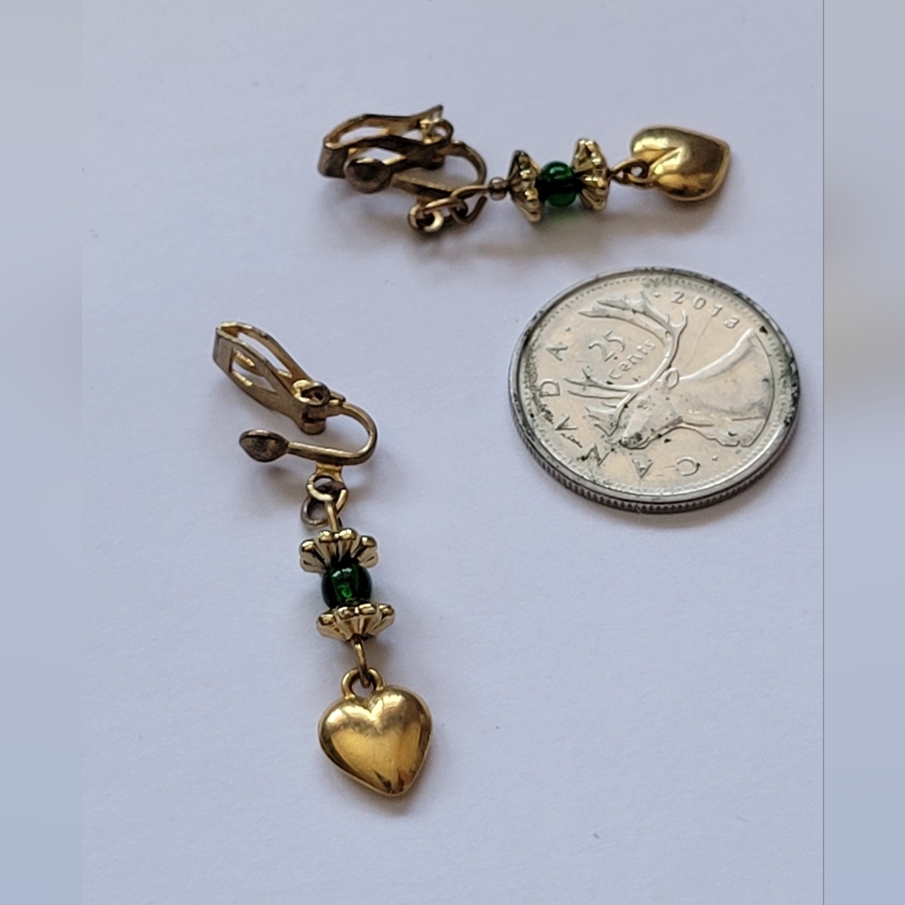Gold Heart Drop Clip On Earring with Green Accents